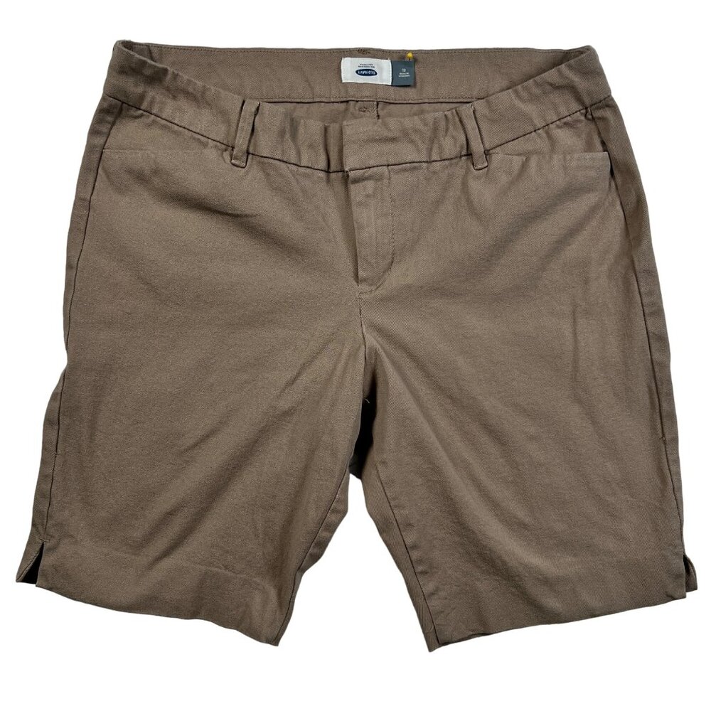 Old Navy Shorts Women's Flat Front Slit Pkt Stretch Chinos Hook & Latch Tan 12